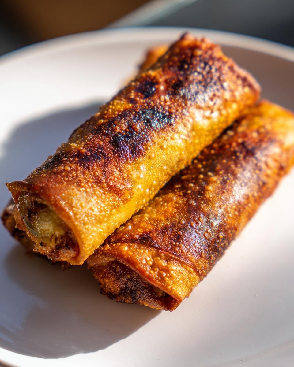 Nahaufnahme von zwei knusprigen, goldbraun frittierten Homemade Egg Rolls auf einem wei&szlig;en Teller.