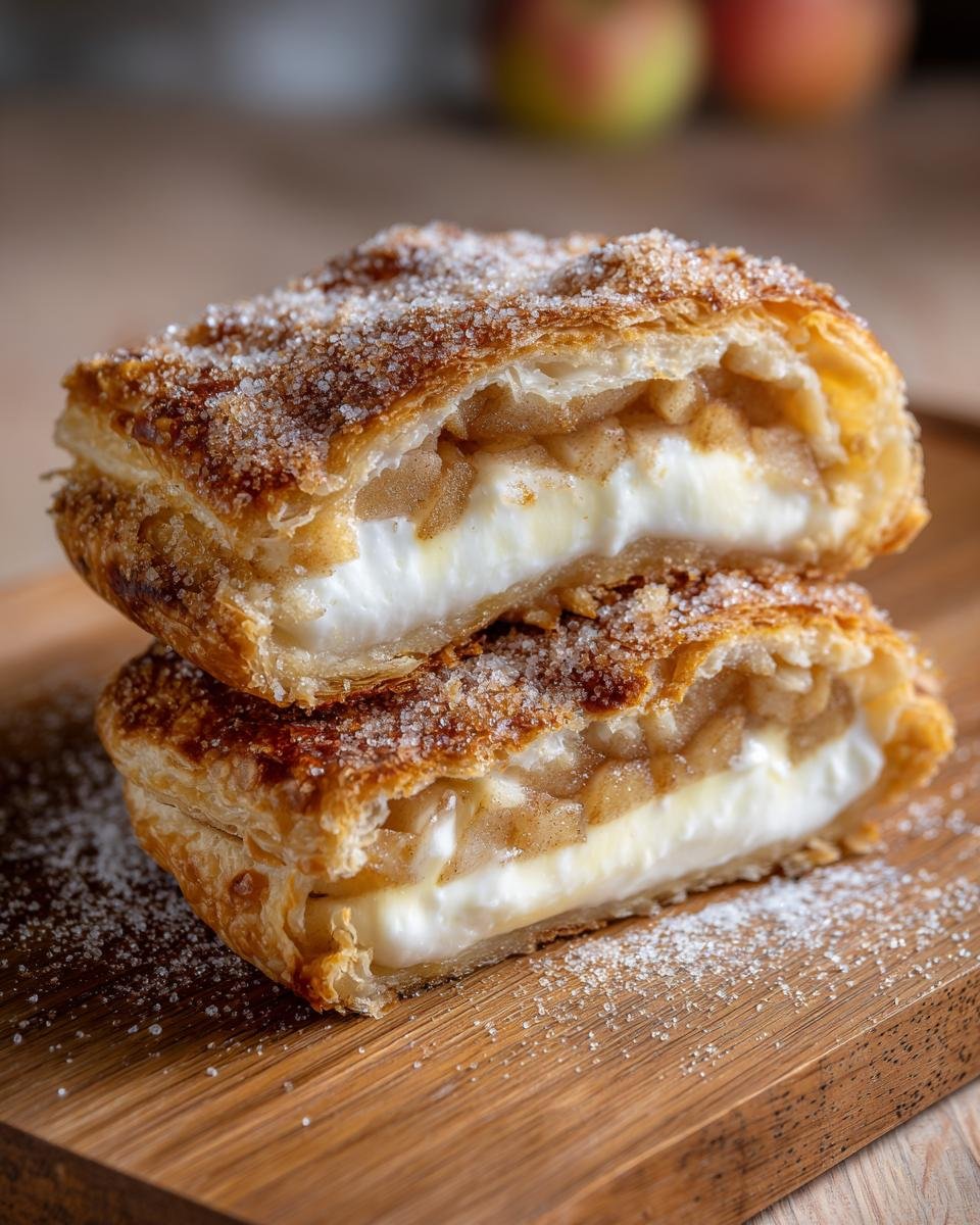 Schnittansicht von zwei gestapelten, mit Zucker bestreuten Cheesecake Gef&uuml;llte Apfelpasteten.