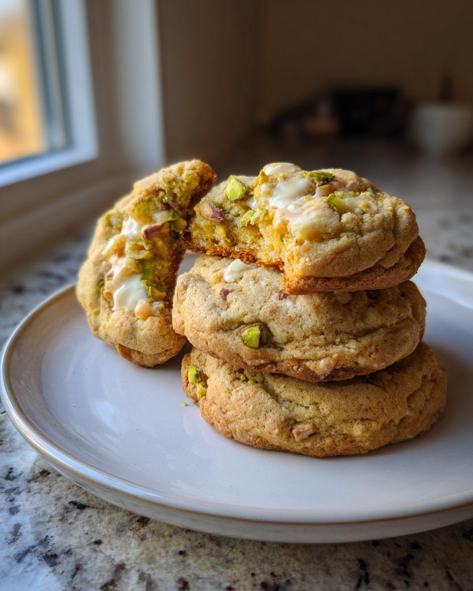 Stapel von k&ouml;stlichen cremigen Pistazien-Wei&szlig;schokoladen-Keksen, einer davon zerbrochen, um das weiche Innere zu zeigen.