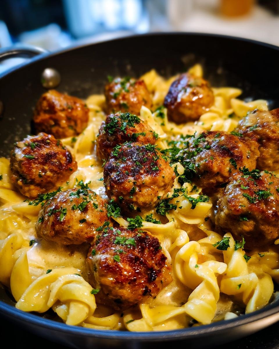 Gebratene H&auml;hnchenb&auml;llchen in cremiger Sauce mit Pasta, garniert mit Petersilie &ndash; Delicious Garlic Butter Chicken Balls Creamy Pasta.