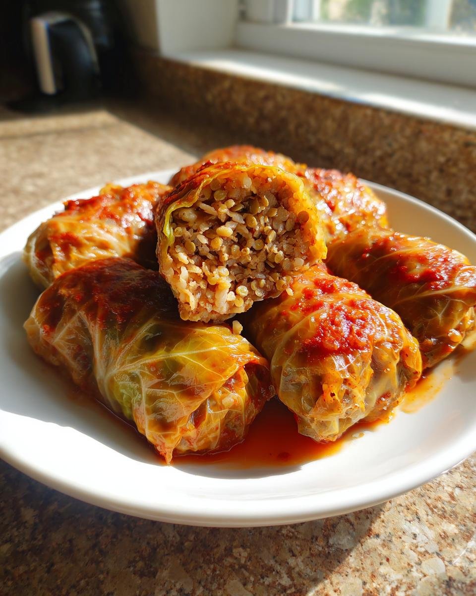 Nahaufnahme von Delicious Lentil Rice Stuffed Cabbage Rolls (Kohlrouladen) mit Tomatensauce auf einem wei&szlig;en Teller.