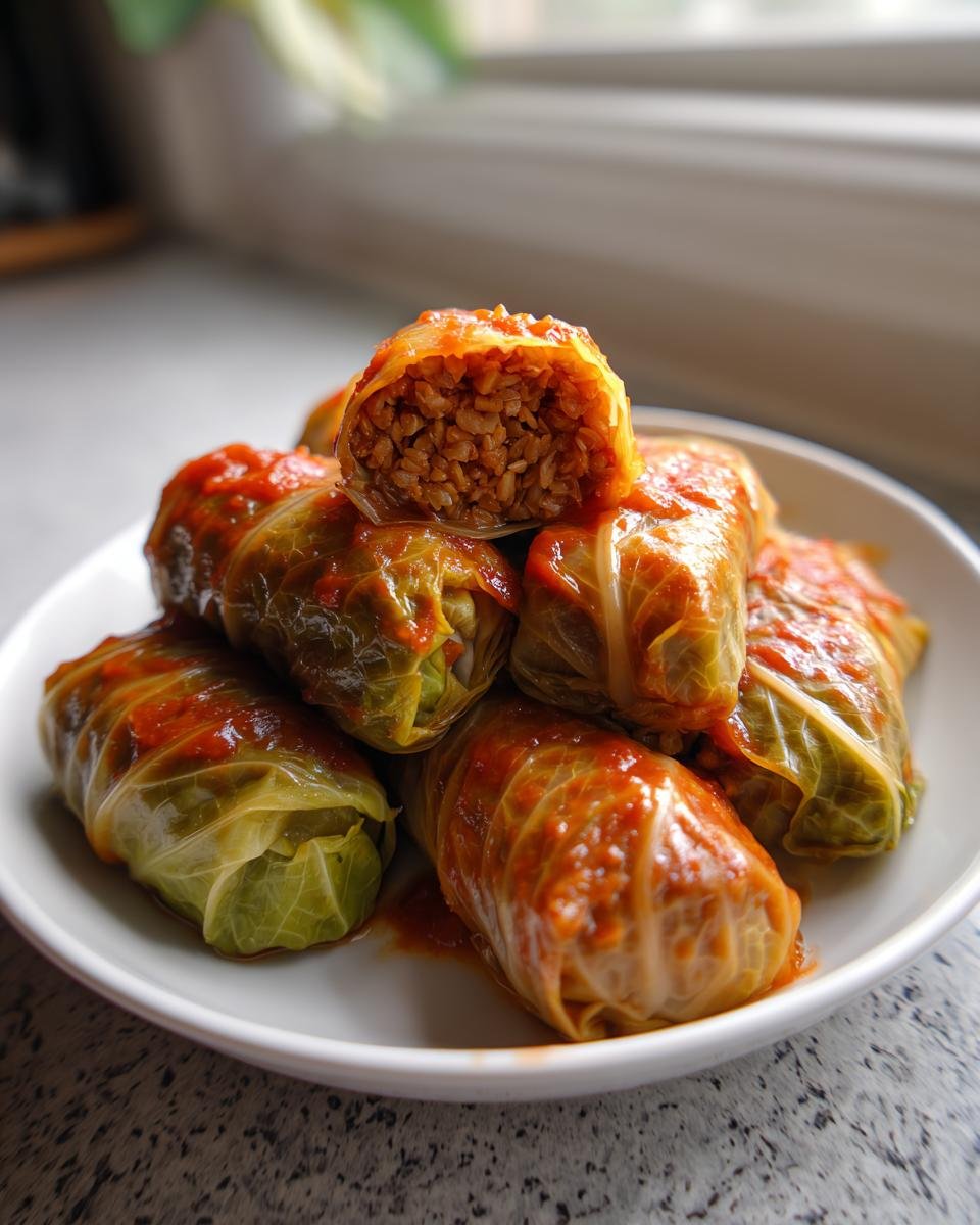 Stapel von Delicious Lentil Rice Stuffed Cabbage Rolls (Kohlrouladen) in Tomatensauce, einer ist aufgeschnitten.