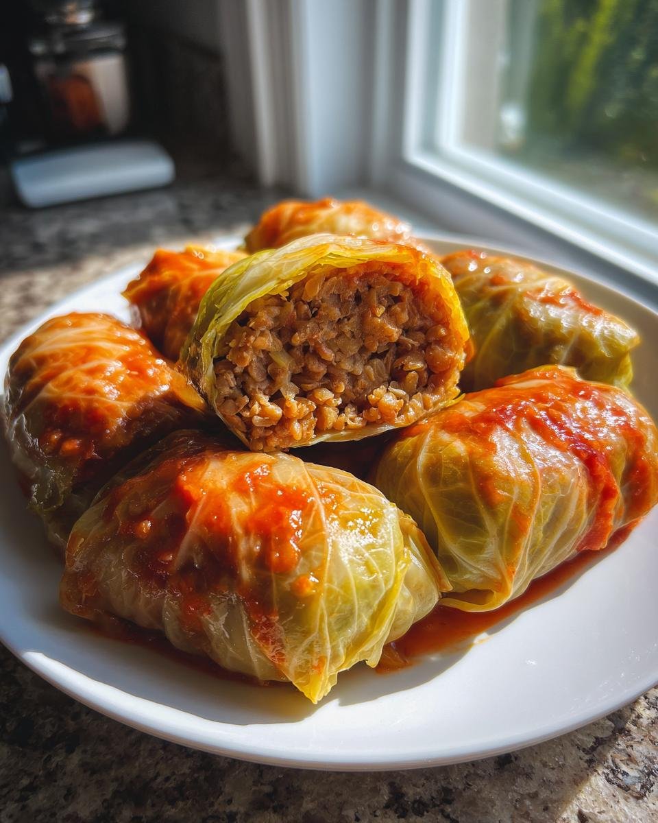 Nahaufnahme von k&ouml;stlichen Linsen-Reis-Kohlrouladen, eine davon aufgeschnitten, um die F&uuml;llung zu zeigen.