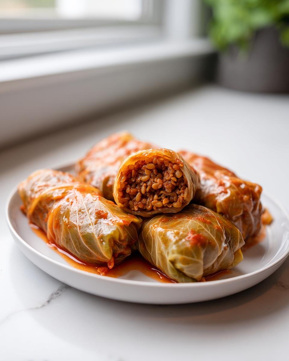 Nahaufnahme von k&ouml;stlichen Linsen-Reis-Kohlrouladen in Tomatensauce auf einem wei&szlig;en Teller.