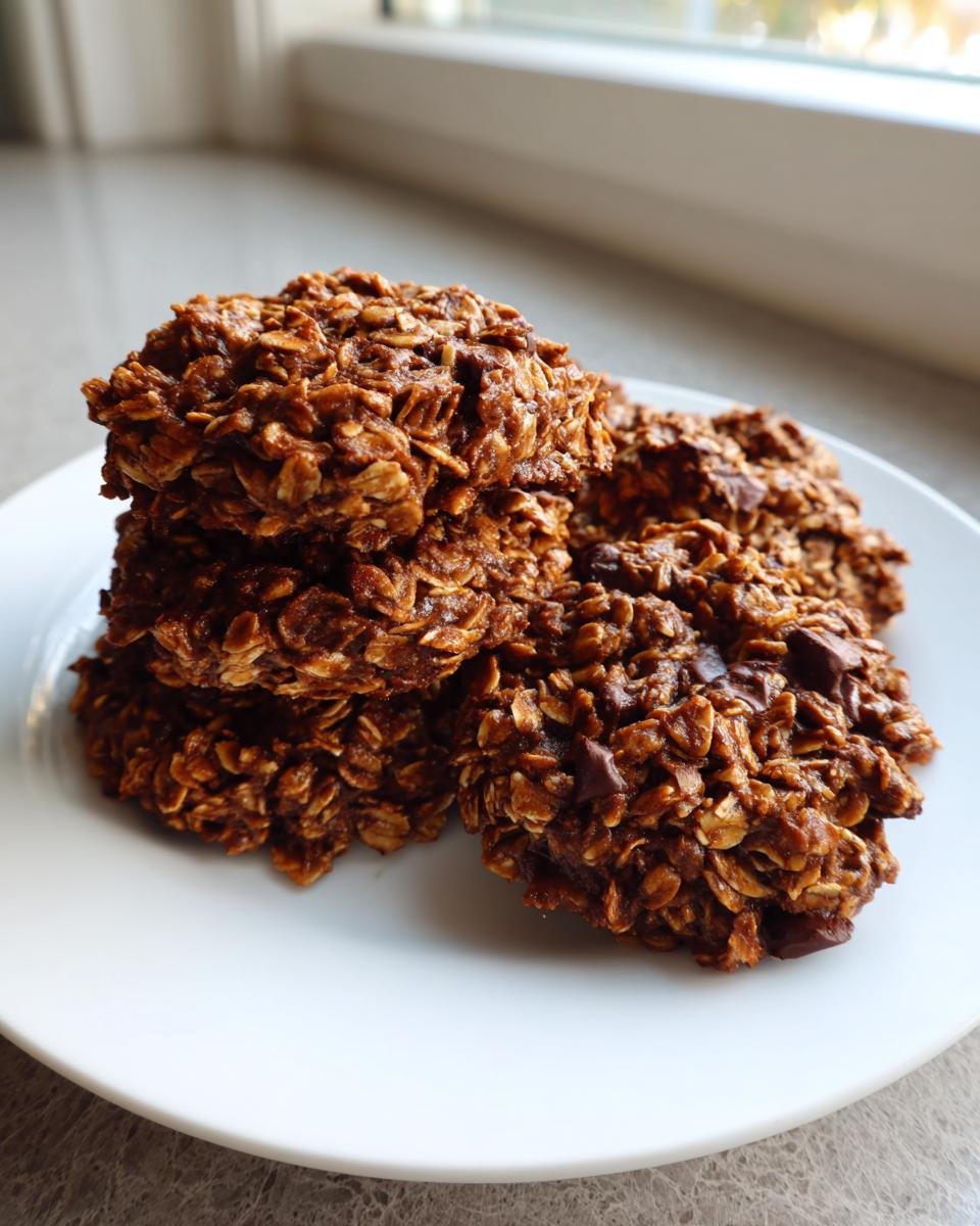 Ein Stapel k&ouml;stlicher Peanut Butter No Bake Cookies mit Haferflocken auf einem wei&szlig;en Teller.