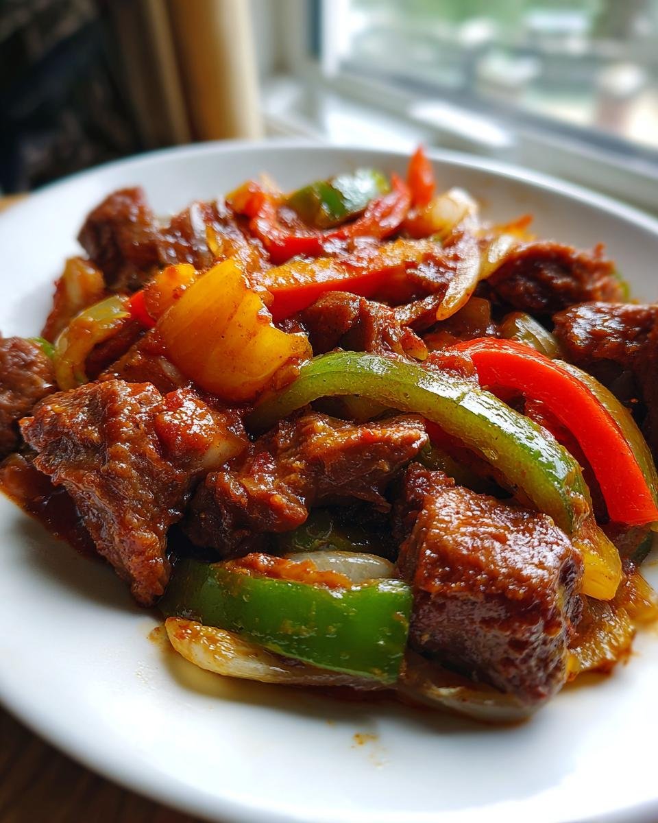 Nahaufnahme von K&ouml;stliches Jamaican Bully Beef mit gebratenen Zwiebeln und bunten Paprikastreifen.