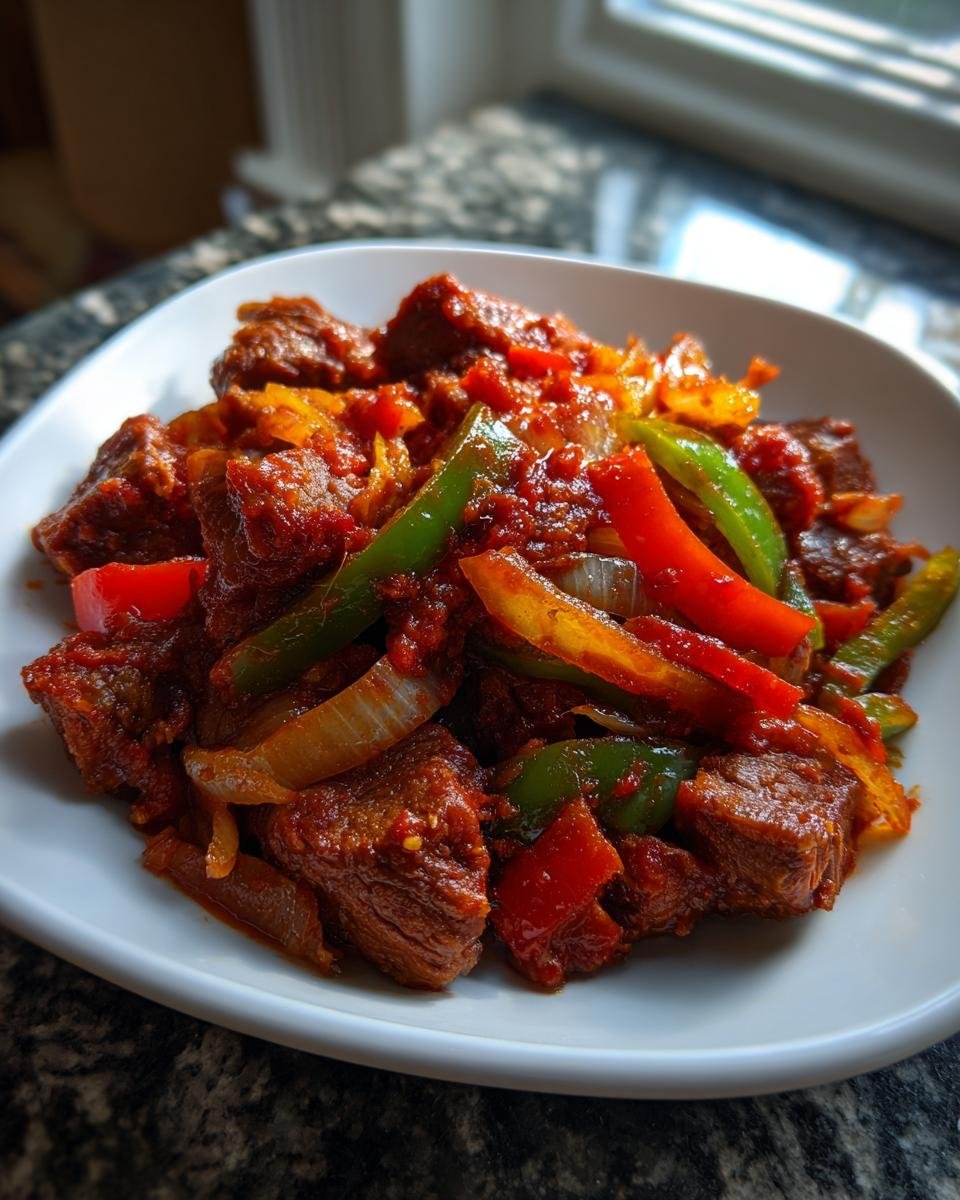 Nahaufnahme von k&ouml;stlichem Jamaican Bully Beef mit Paprika und Zwiebeln in einer roten Sauce.