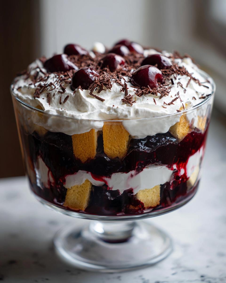 Nahaufnahme eines k&ouml;stlichen Schwarzw&auml;lder Trifle mit Kirschen, Sahne und Schokostreuseln.