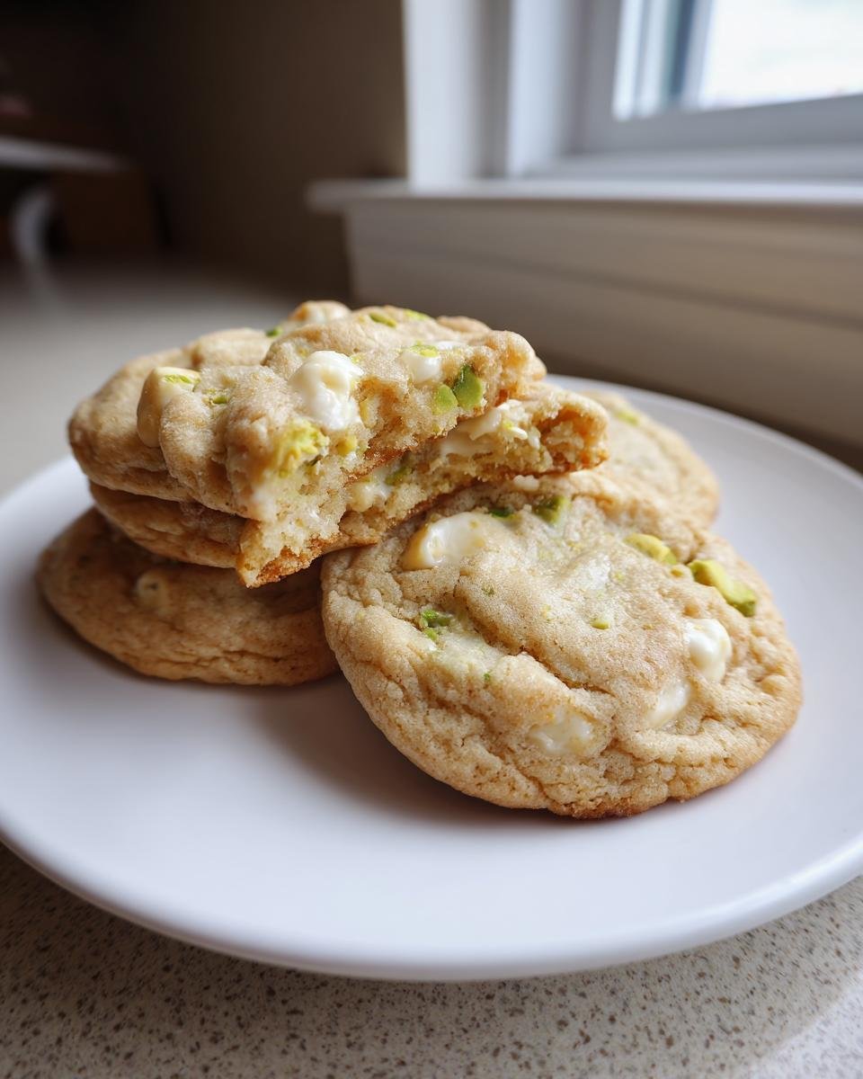Nahaufnahme von gestapelten Delicious Creamy Pistachio White Chocolate Cookies, einer davon zerbrochen, um die cremige Mitte zu zeigen.