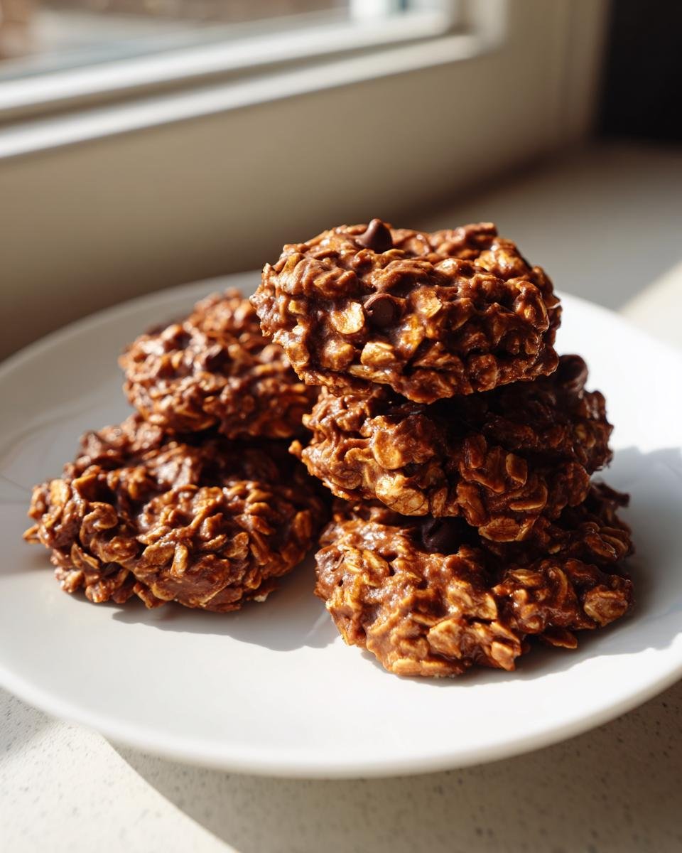 Stapel von Delicious Peanut Butter No Bake Cookies auf einem wei&szlig;en Teller, beleuchtet von Sonnenlicht.
