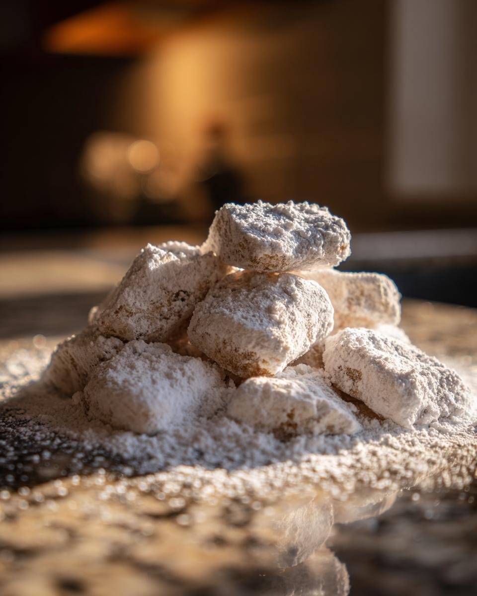 Stapel von weichen, mit Puderzucker bedeckten Melt In Your Mouth Soft Christmas Peppermints auf einer gl&auml;nzenden Oberfl&auml;che.