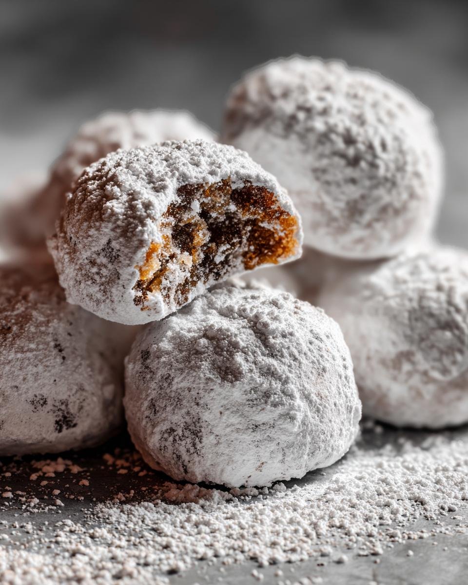 Nahaufnahme von weichen Weihnachtskeksen, bedeckt mit Puderzucker, eines ist angebissen und zeigt die dunkle F&uuml;llung der Melt In Your Mouth Soft Christmas Peppermints.