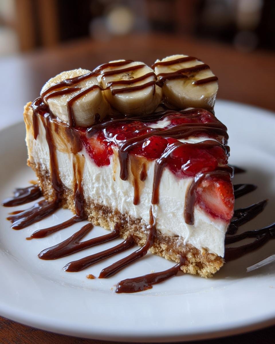 Ein gro&szlig;es St&uuml;ck No Bake Banana Split Cheesecake auf einem wei&szlig;en Teller, bedeckt mit Erdbeeren und Bananenscheiben.