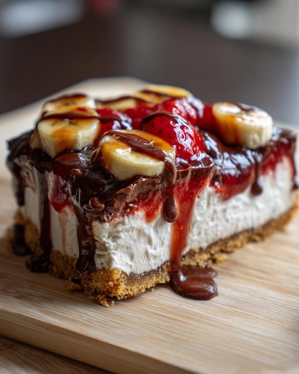 Nahaufnahme eines St&uuml;cks No Bake Banana Split Cheesecake mit Bananenscheiben, Erdbeeren und Schokoladensauce.