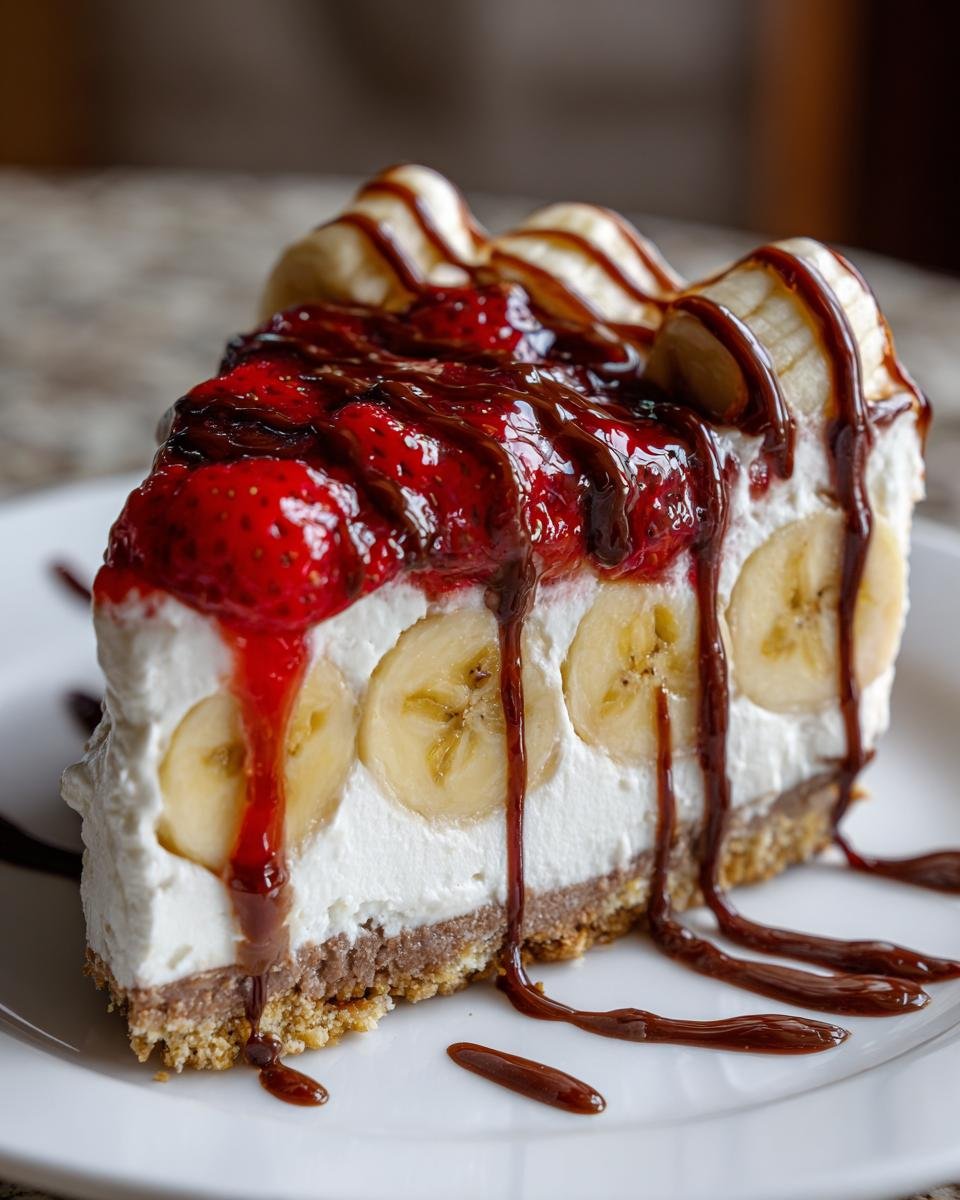 Ein gro&szlig;es St&uuml;ck No Bake Banana Split Cheesecake mit Bananenscheiben, Erdbeeren und Schokoladensauce.