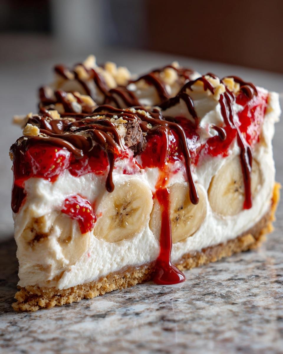 Nahaufnahme eines St&uuml;cks No Bake Banana Split Cheesecake mit Bananenscheiben, Erdbeerso&szlig;e und Schokoladenglasur.