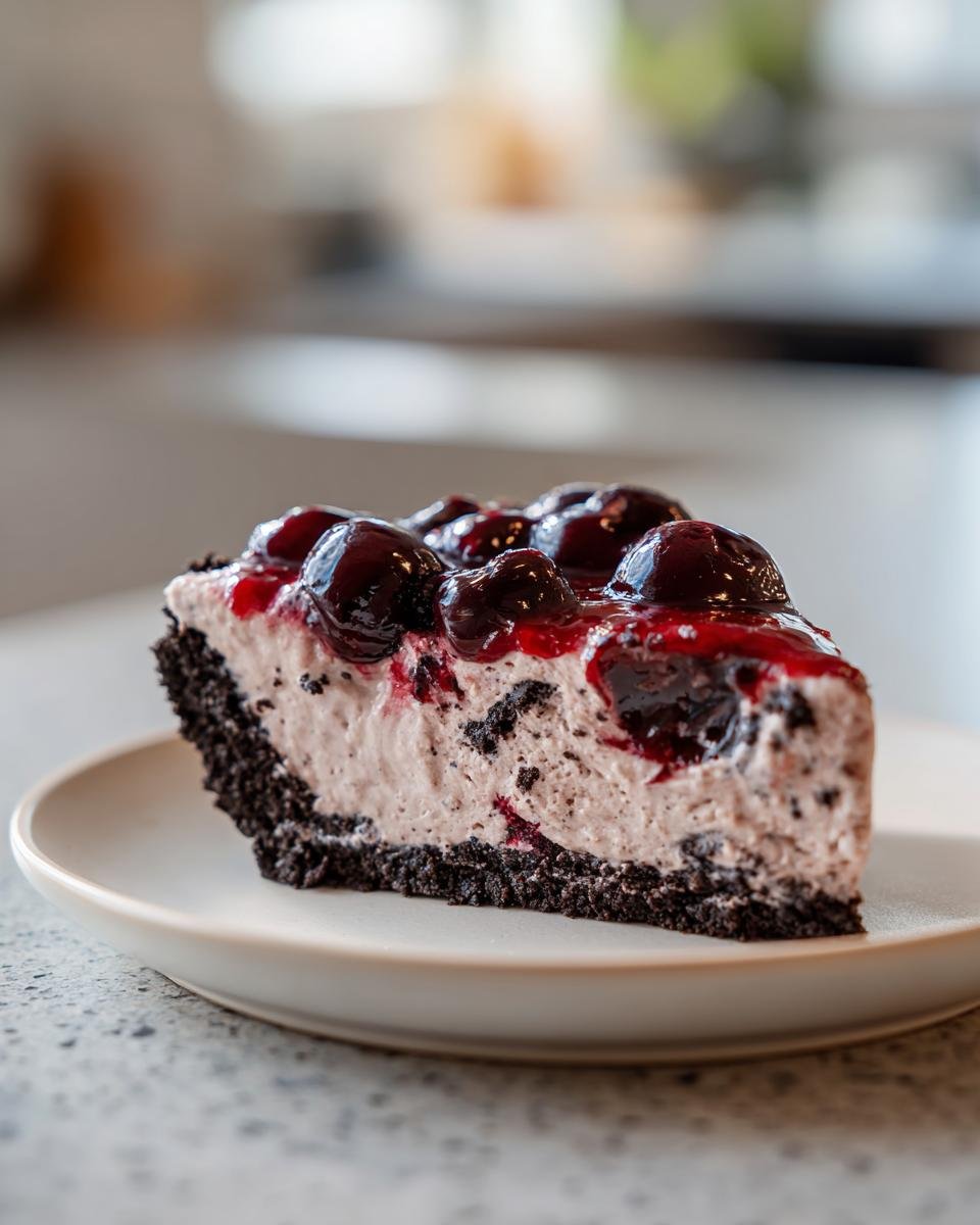 Nahaufnahme eines St&uuml;cks No Bake Chocolate Cherry Cream Pie mit dunklem Keksboden und Kirschtopping.