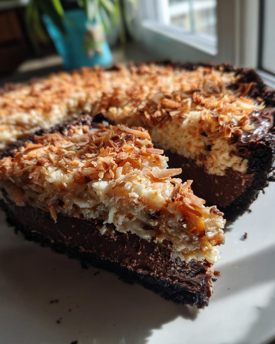 Ein St&uuml;ck des k&ouml;stlichen No Bake German Chocolate Pie mit Schokoladenboden und Kokos-Topping.