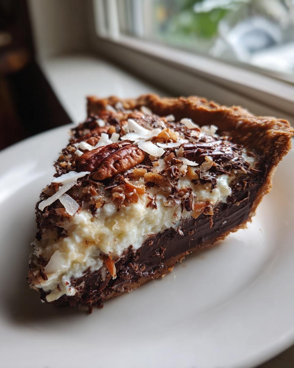 Nahaufnahme eines St&uuml;cks Irresistible No Bake German Chocolate Pie mit Schokoladenf&uuml;llung und Kokos-Pekannuss-Topping.