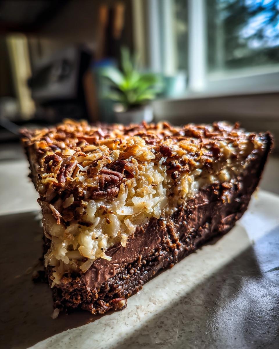 Nahaufnahme eines St&uuml;cks Irresistible No Bake German Chocolate Pie mit Schokoladenf&uuml;llung und Kokos-Pekannuss-Decke.