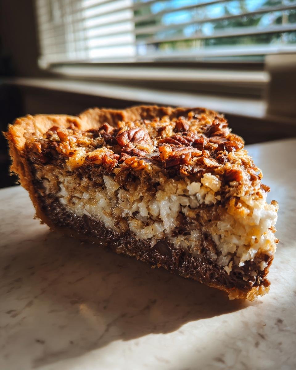 Nahaufnahme eines St&uuml;cks Irresistible No Bake German Chocolate Pie mit Kokosnuss und Pekann&uuml;ssen.