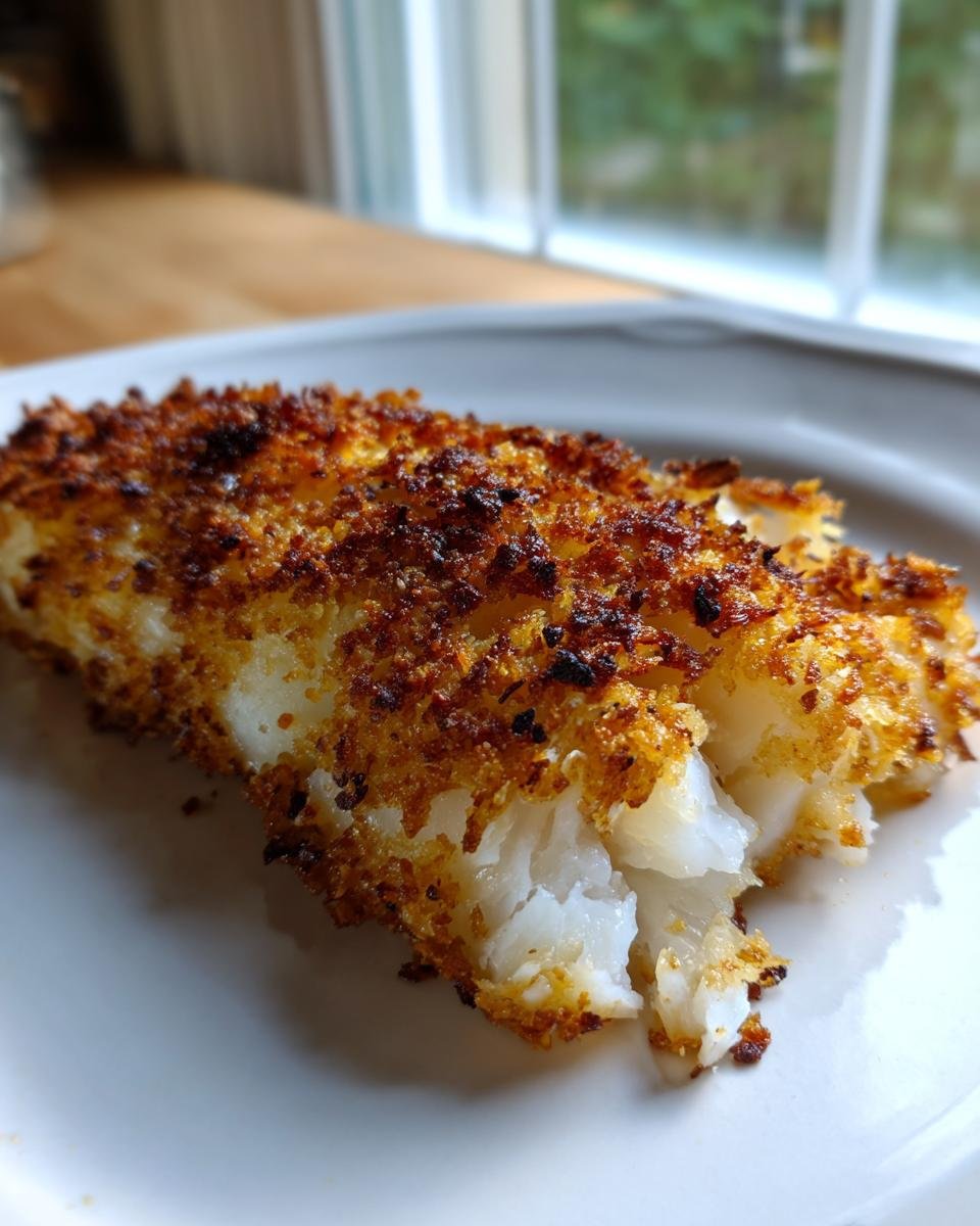 Nahaufnahme eines St&uuml;cks Quick Crispy Parmesan Crusted Cod Recipe mit goldbrauner, knuspriger Kruste.