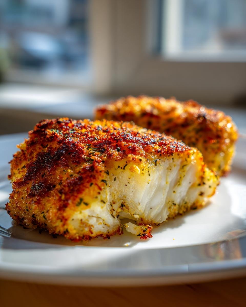 Nahaufnahme von zwei St&uuml;cken Quick Crispy Parmesan Crusted Cod Recipe mit goldbrauner Kruste auf einem wei&szlig;en Teller.