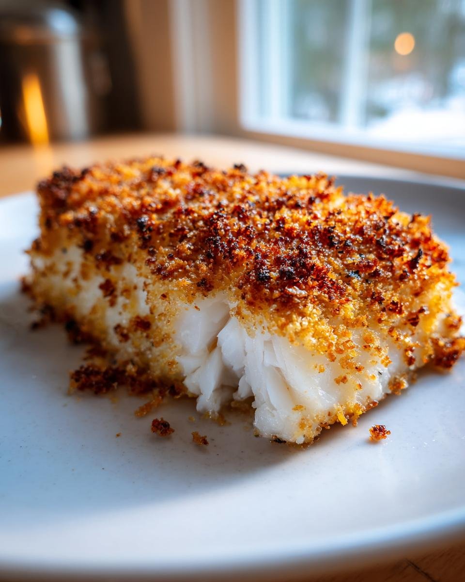 Nahaufnahme eines St&uuml;cks Quick Crispy Parmesan Crusted Cod Recipe mit goldbrauner, knuspriger Kruste.