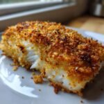 Nahaufnahme eines saftigen St&uuml;cks Quick Crispy Parmesan Crusted Cod Recipe mit goldbrauner, knuspriger Kruste.