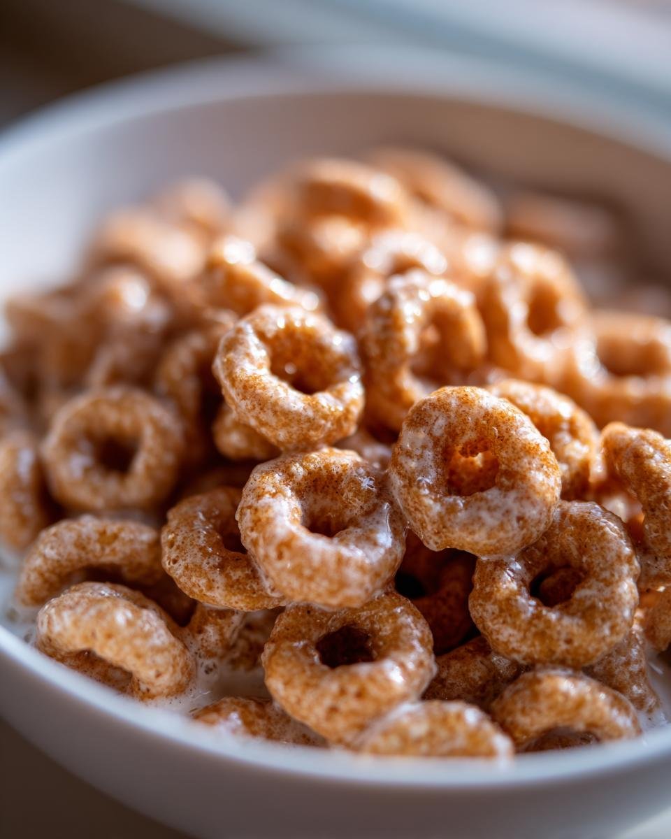 Nahaufnahme von Quick Delicious Hot Buttered Cinnamon Cheerios in Milch in einer wei&szlig;en Sch&uuml;ssel.