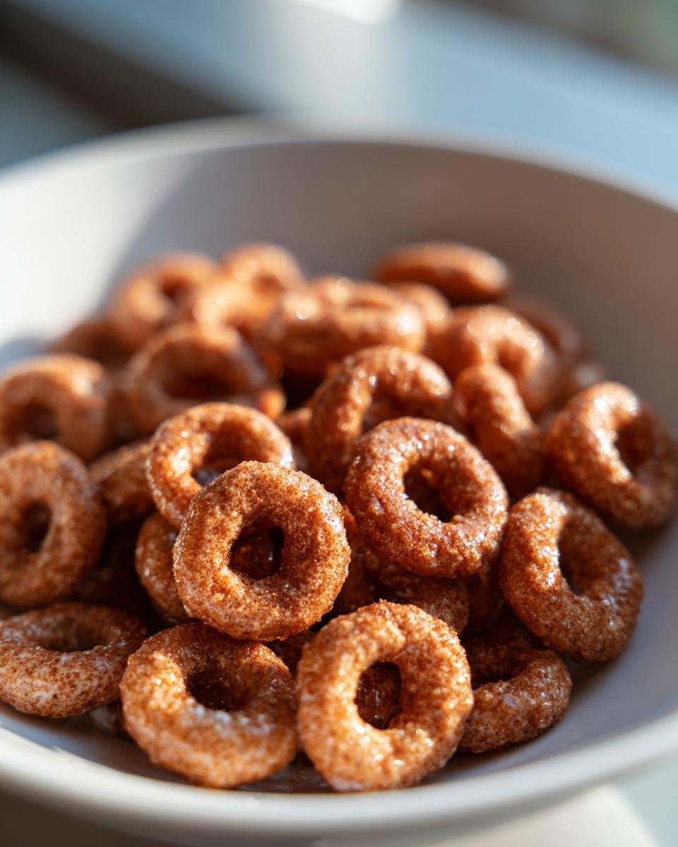 Nahaufnahme von gl&auml;nzenden, zimtbestreuten M&uuml;sliringen in einer wei&szlig;en Sch&uuml;ssel: Quick Delicious Hot Buttered Cinnamon Cheerios.