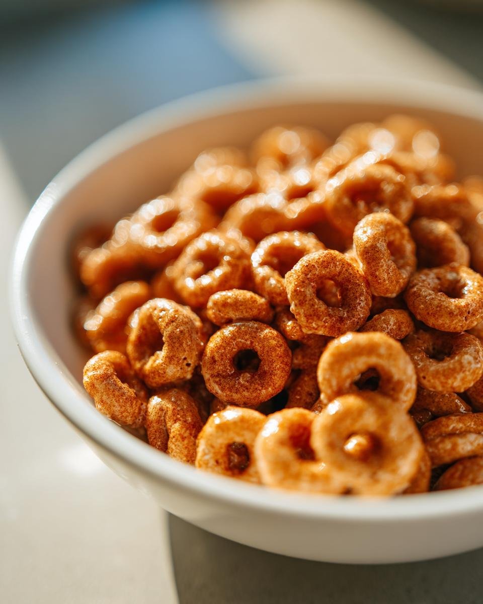 Nahaufnahme von Quick Delicious Hot Buttered Cinnamon Cheerios in einer wei&szlig;en Sch&uuml;ssel.