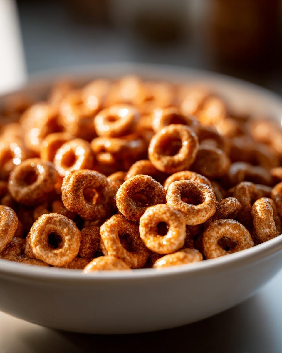 Nahaufnahme von gl&auml;nzenden, mit Butter und Zimt &uuml;berzogenen Cheerios in einer wei&szlig;en Sch&uuml;ssel.