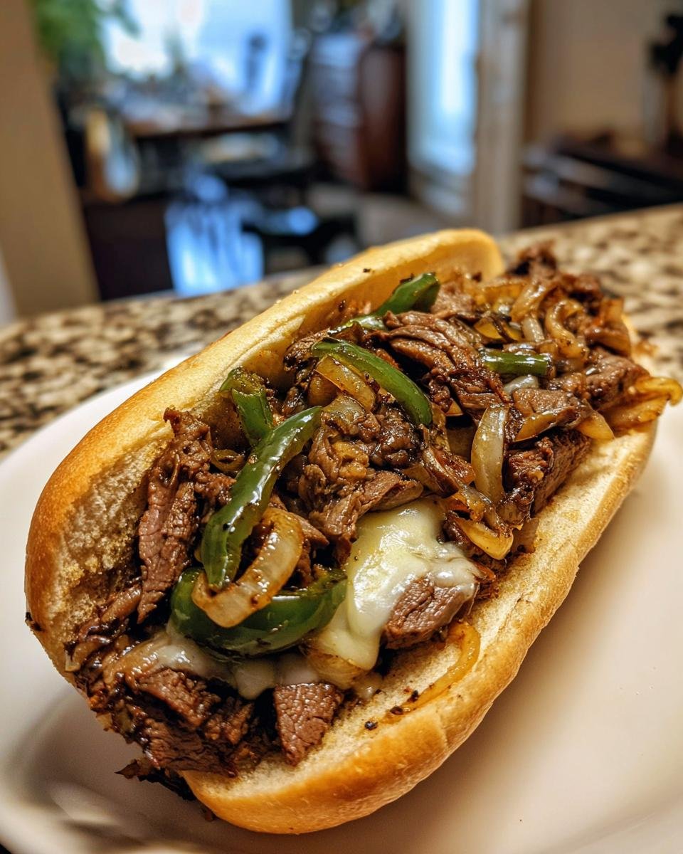 Ein saftiges Quick Delicious Philly Cheesesteak Sandwich mit geschmortem Rindfleisch, Zwiebeln, Paprika und geschmolzenem K&auml;se in einem Br&ouml;tchen.