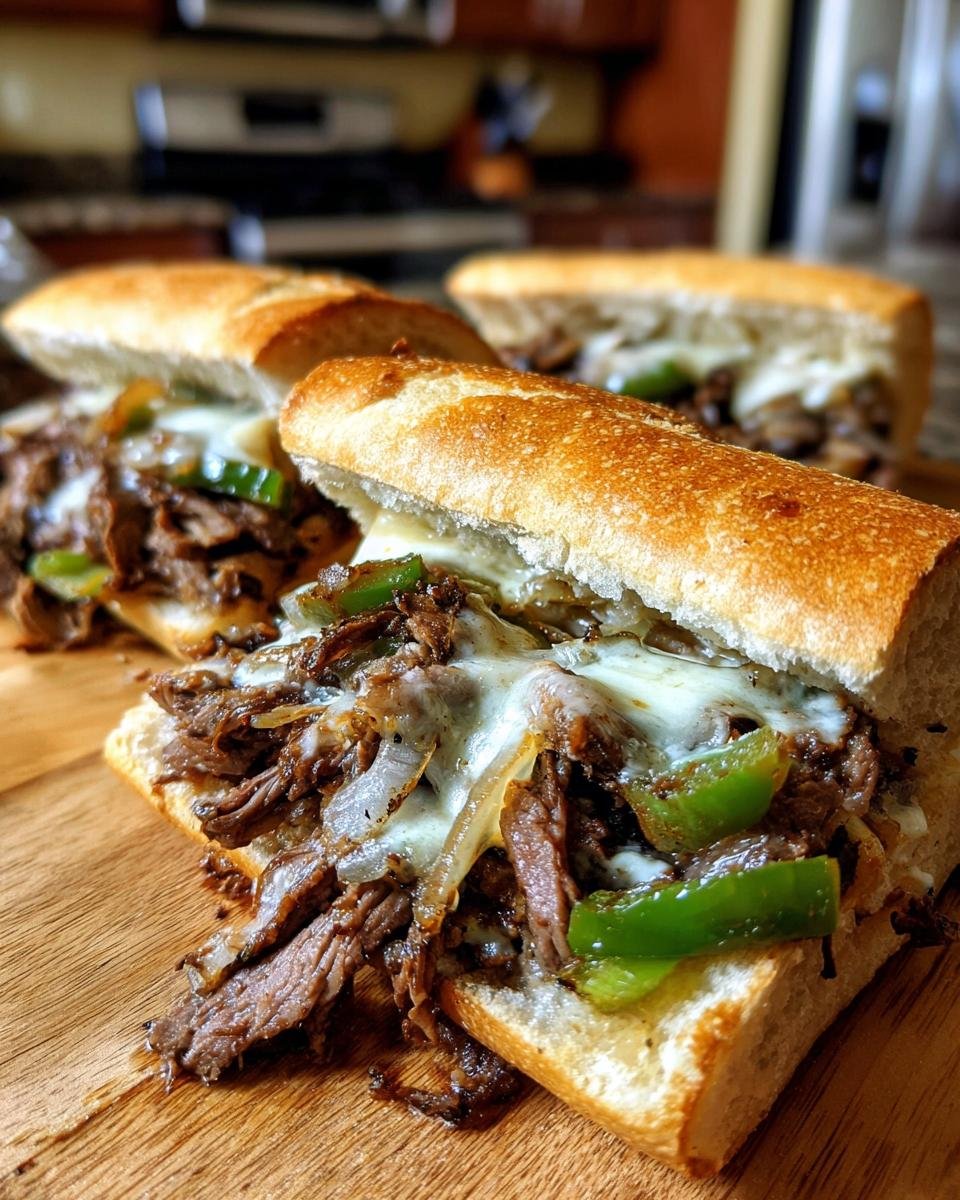 Nahaufnahme von Quick Delicious Philly Cheesesteak Sandwich mit geschmolzenem K&auml;se, Rindfleisch, Zwiebeln und Paprika