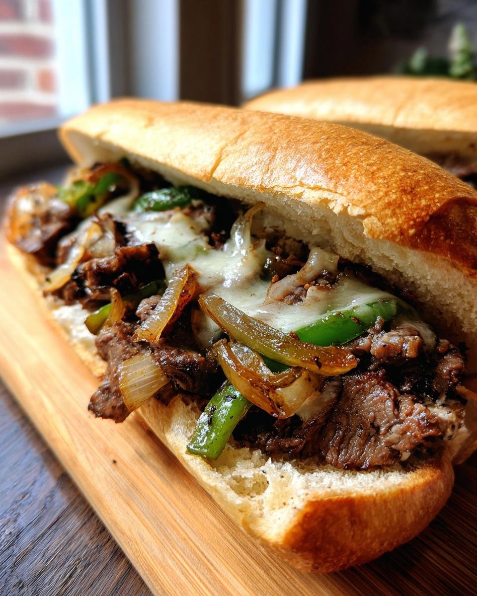 Nahaufnahme eines Quick Delicious Philly Cheesesteak Sandwich mit geschmolzenem K&auml;se, Rindfleisch, Zwiebeln und Paprika im Br&ouml;tchen.