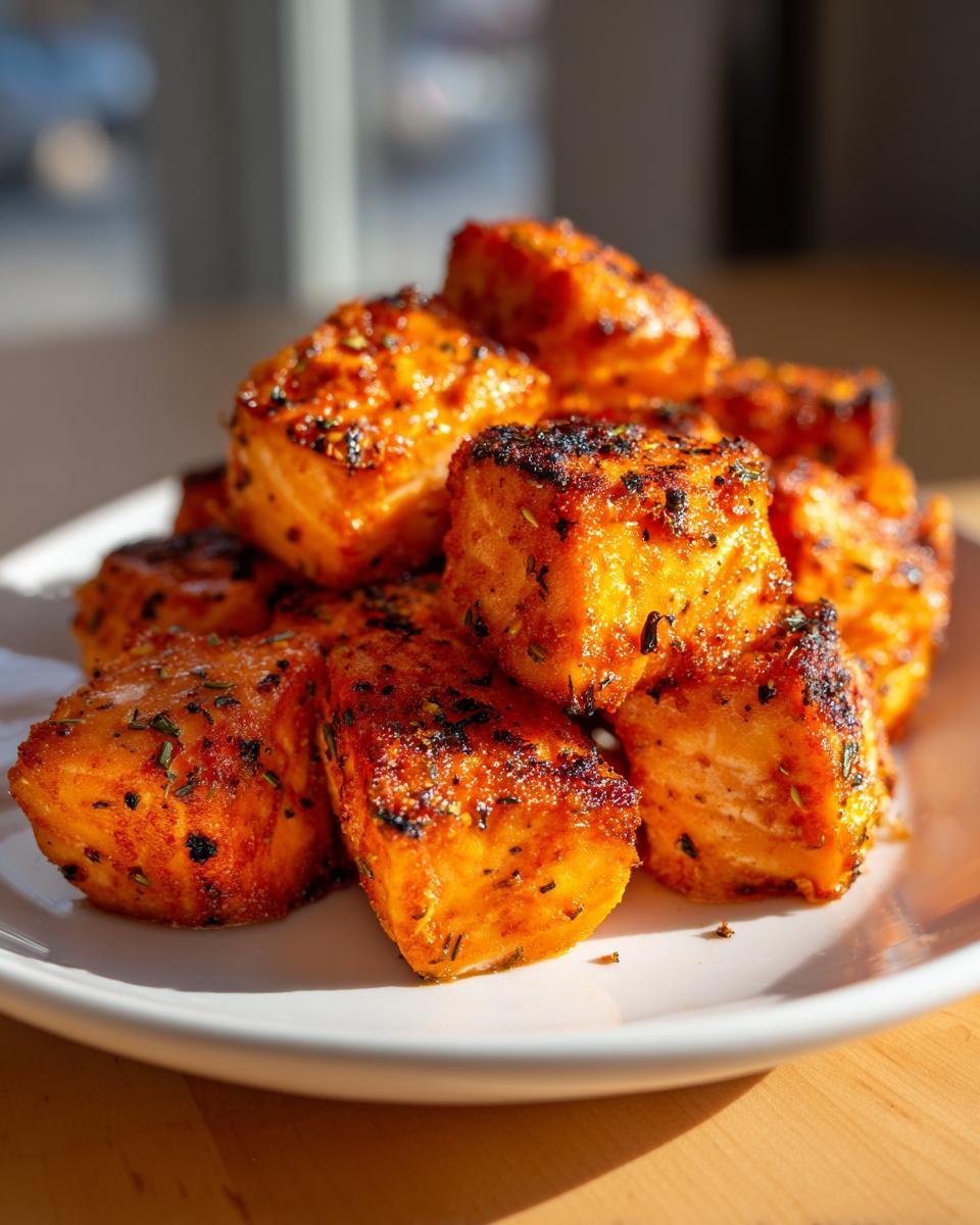 Ein Haufen gew&uuml;rzter Quick Easy Air Fryer Salmon Bites auf einem wei&szlig;en Teller.