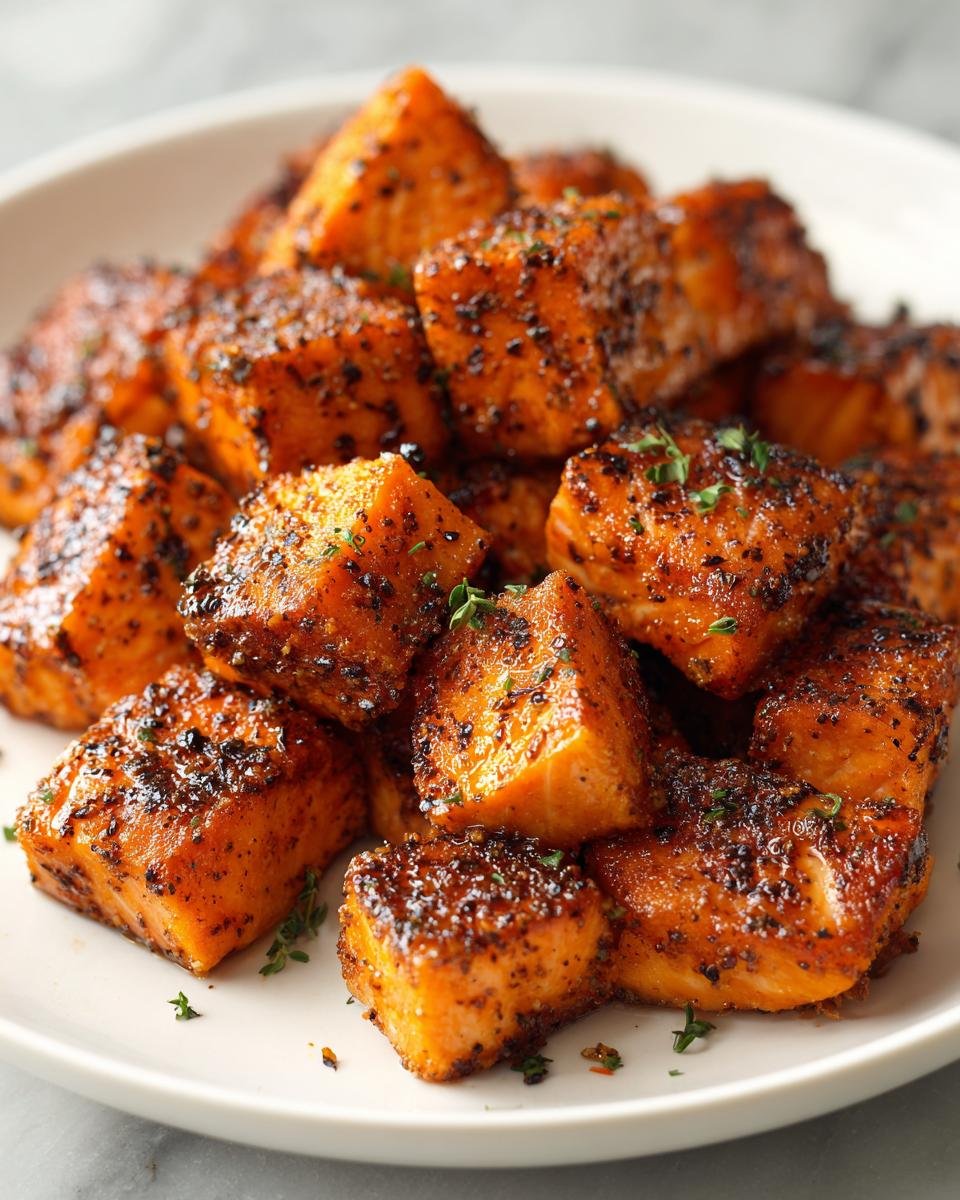 Nahaufnahme von w&uuml;rzigen Quick Easy Air Fryer Salmon Bites, goldbraun und gl&auml;nzend.