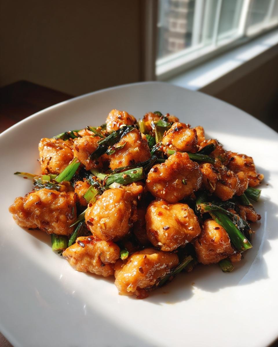 Gebratene St&uuml;cke von Quick Easy Scallion Chicken mit Fr&uuml;hlingszwiebeln auf einem wei&szlig;en Teller.