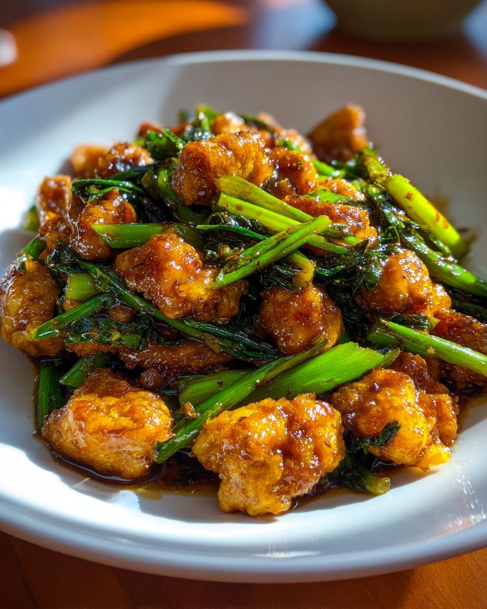 Nahaufnahme von Quick Easy Scallion Chicken mit glasiertem H&auml;hnchen und frischen gr&uuml;nen Fr&uuml;hlingszwiebeln.