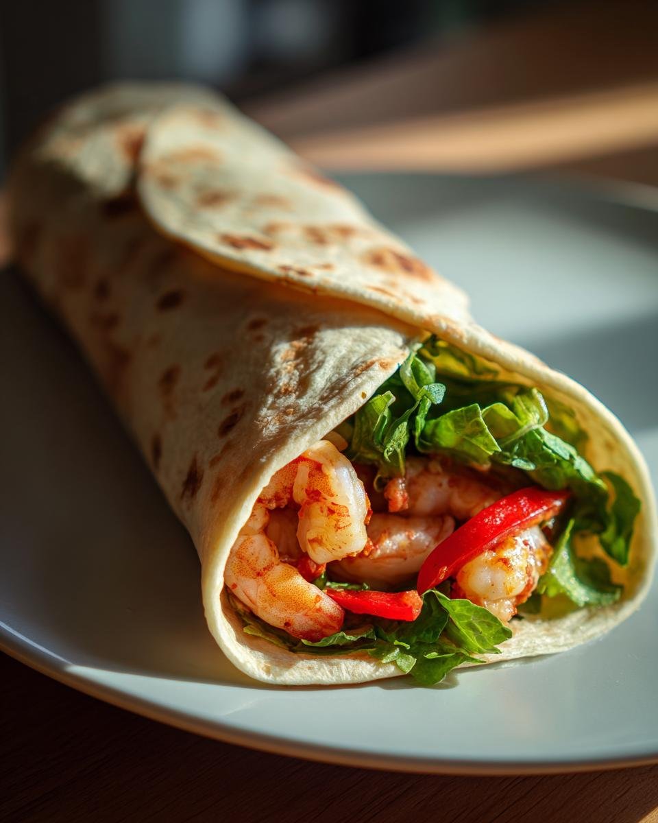 Nahaufnahme eines fertig gef&uuml;llten Quick Easy Shrimp Wrap mit Garnelen, Salat und roter Paprika.