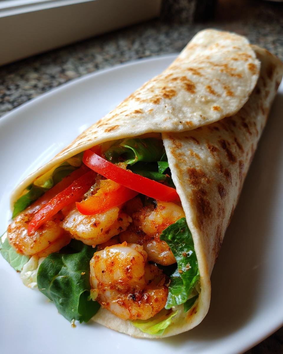 Nahaufnahme eines fertigen Quick Easy Shrimp Wrap gef&uuml;llt mit Garnelen, Salat und Paprika.