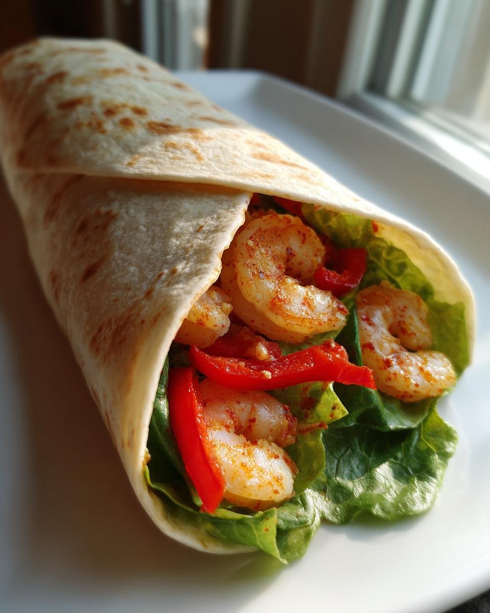 Nahaufnahme eines fertig gerollten Quick Easy Shrimp Wrap mit saftigen Garnelen, roter Paprika und Salat.