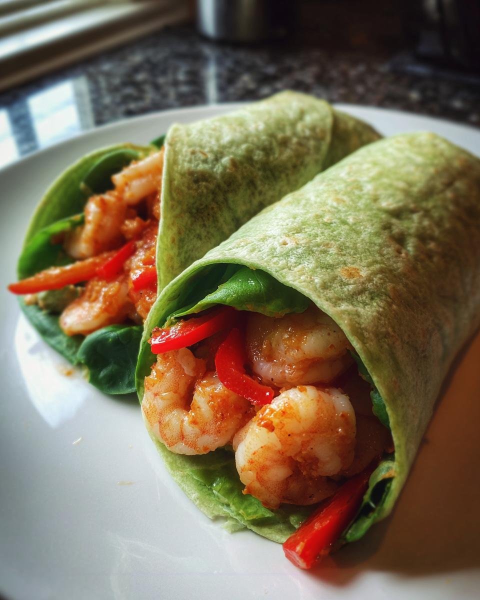 Zwei gef&uuml;llte, gr&uuml;ne Tortillas mit Garnelen und Paprika: ein Quick Easy Shrimp Wrap.