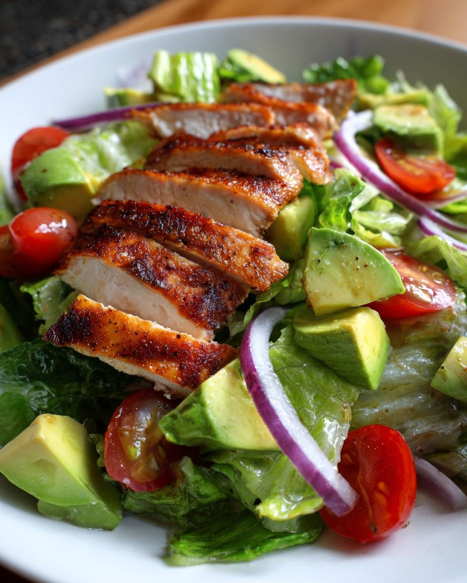Nahaufnahme eines Quick Grilled Chicken Avocado Salad mit geschnittenem H&auml;hnchen und Avocado.