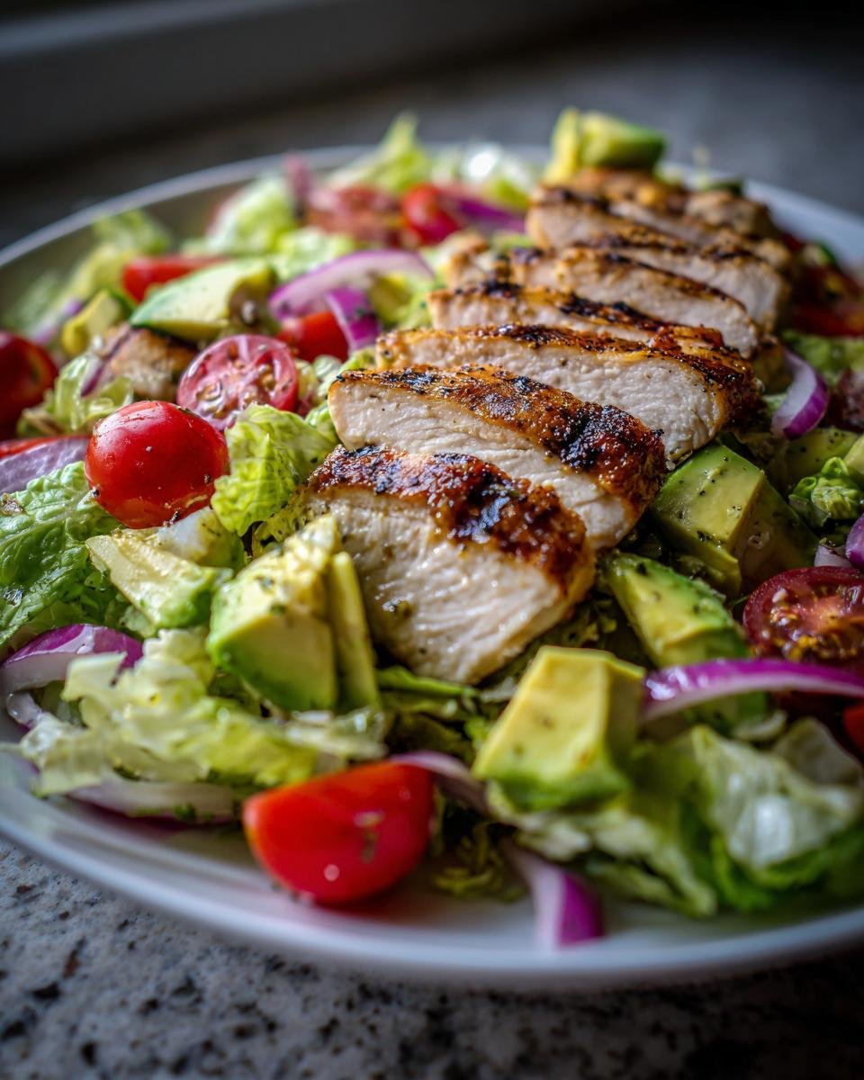 Nahaufnahme eines Quick Grilled Chicken Avocado Salad mit geschnittenem H&auml;hnchenbrustfilet auf Salatbett.