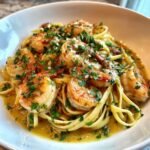 Nahaufnahme von Quick Tasty Cowboy Scampi mit gro&szlig;en Garnelen, Linguine und viel Petersilie in einer cremigen So&szlig;e.