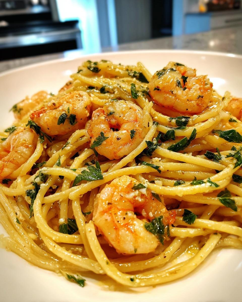 Nahaufnahme von Quick Tasty Cowboy Scampi mit Spaghetti, saftigen Garnelen und Petersilie.