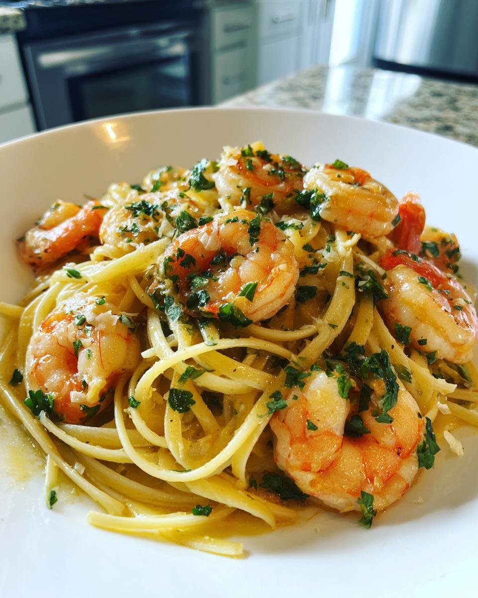 Nahaufnahme von Quick Tasty Cowboy Scampi mit saftigen Garnelen, Linguine und Petersilie in einer weißen Schüssel.