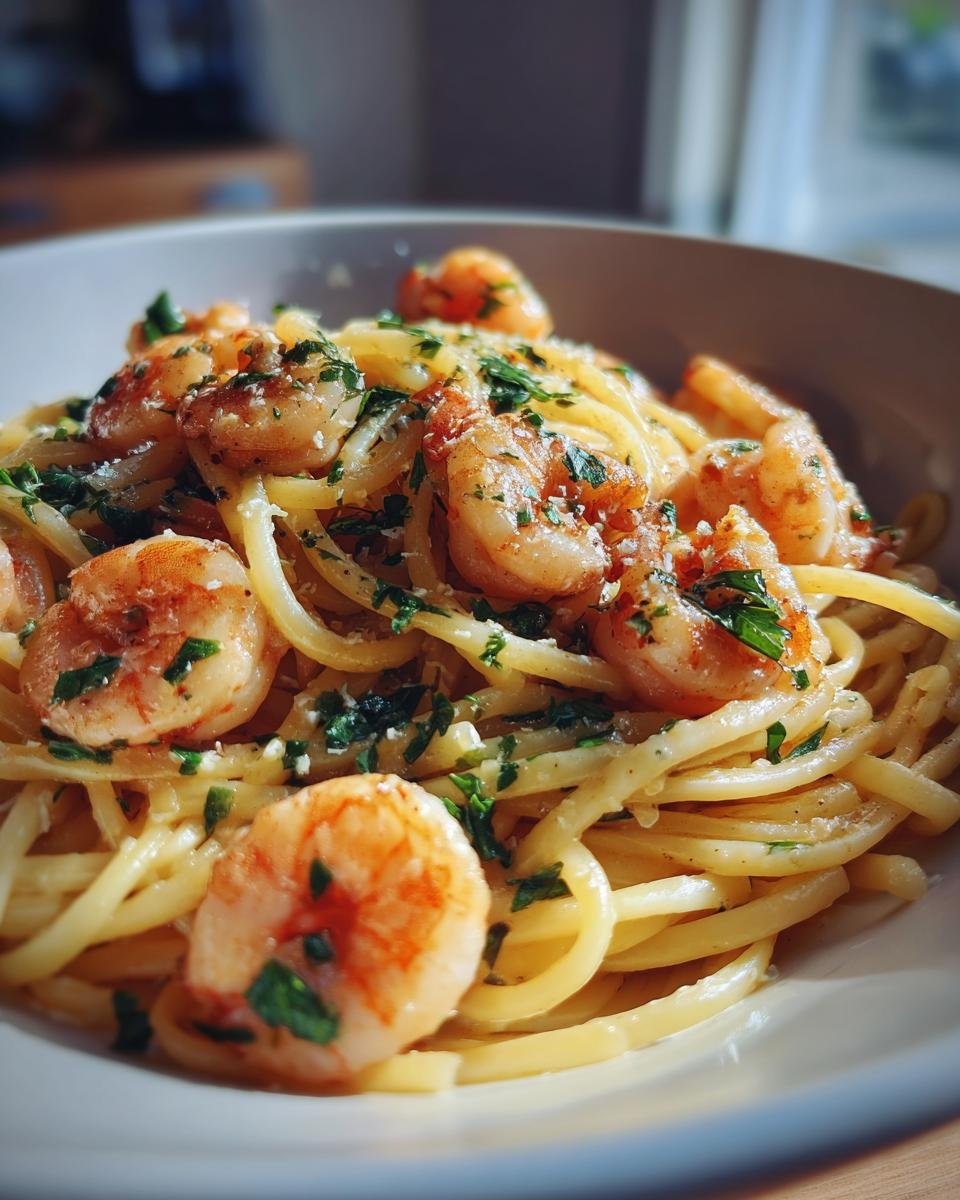 Nahaufnahme von Quick Tasty Cowboy Scampi mit saftigen Garnelen und Linguine, bestreut mit Petersilie.